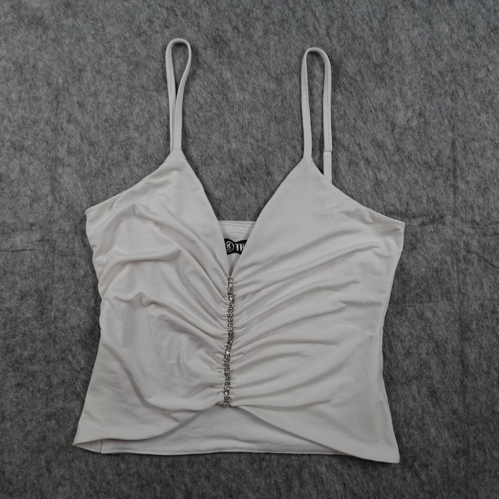 THE KRIPT Top Women Small White Nora Rhinestone Ruched VNeck Camisole Tank